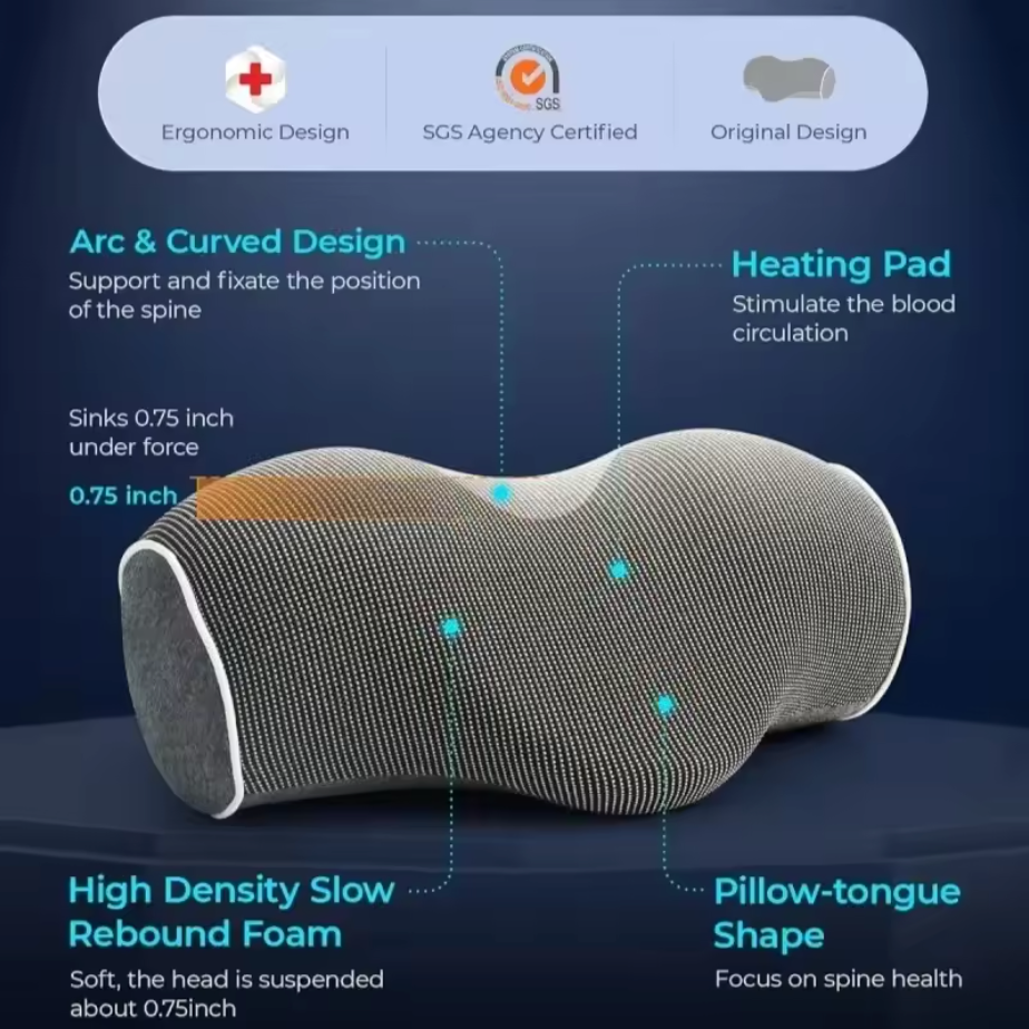 Ergonomic arc design, heating pad and high density slow rebound foam